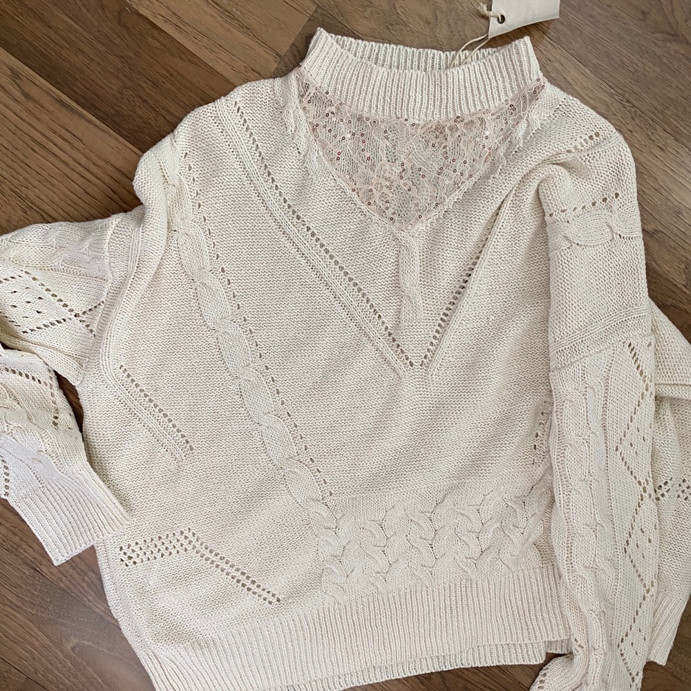 Lace neck detail ivory sweater